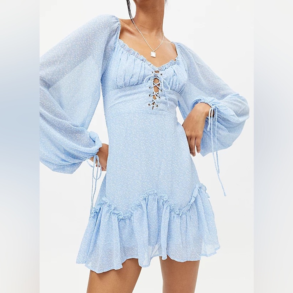 KISS THE SKY Daphne Lace-up Mini Dress In Blue
